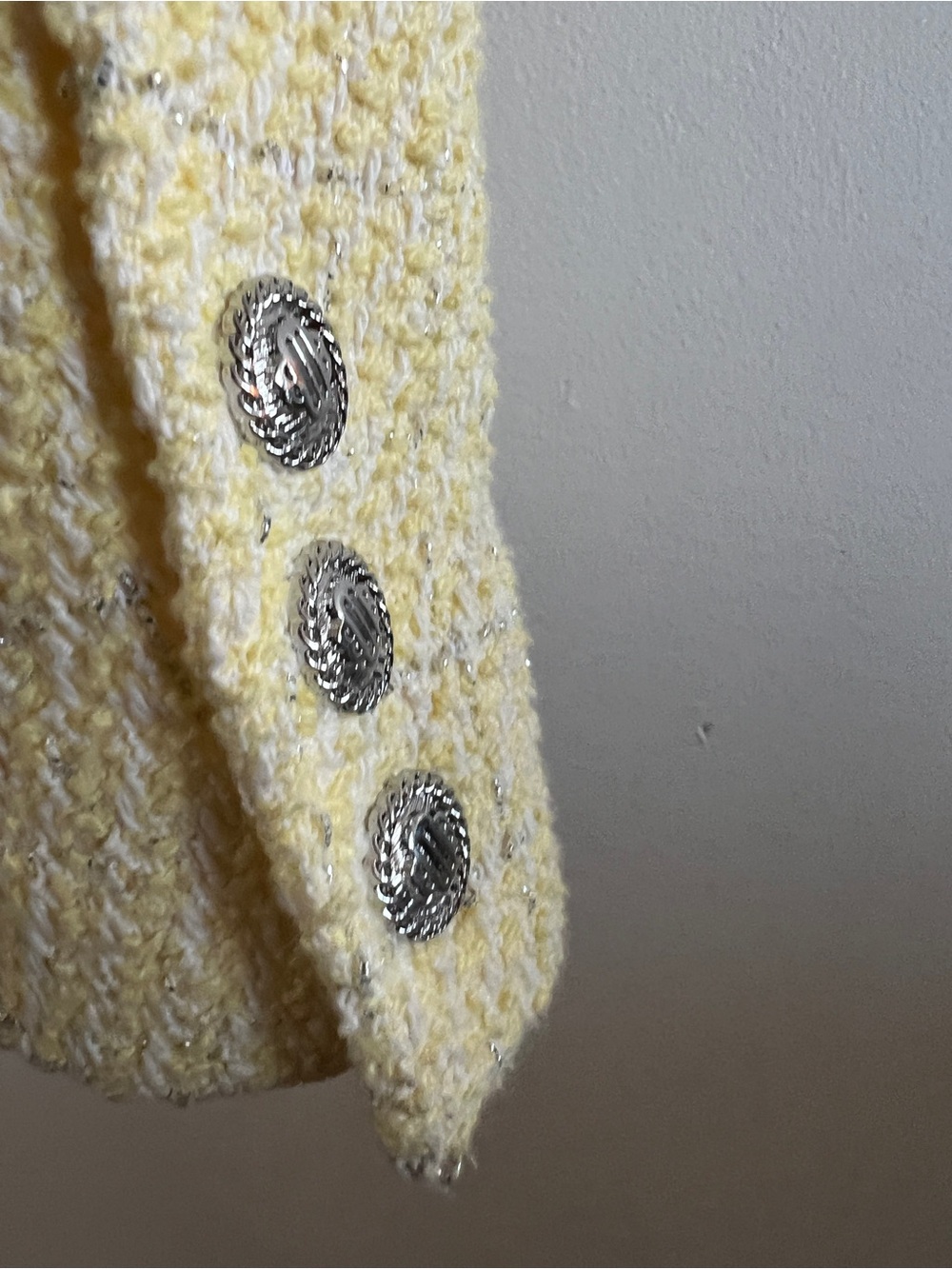 Maje yellow cropped tweed lurex jacket Metallic Silver snap button /Size 42 / L - Picture 7 of 8